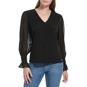 Long Sleeve V-Neck with Smocked Cuff Black