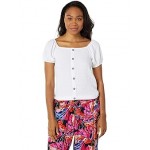 Short Sleeve Button Front Puff Sleeve Top Bright White
