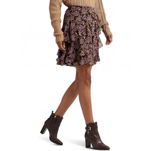 Floral Ruffle-Trim Georgette Skirt Lavender/Orange/Multi