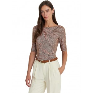 Paisley Stretch Cotton Boatneck Tee Tan/Cream/Pink