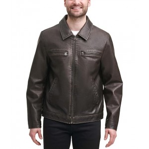 Faux Leather Jacket w/ Laydown Collar Dark Brown