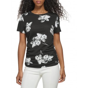 Printed Short Sleeve Ruched Side Black/Soft White Multi 2