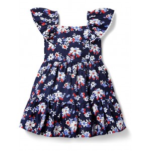 Puff Sleeve Dress (Toddler/Little Kid/Big Kid) Navy Blue