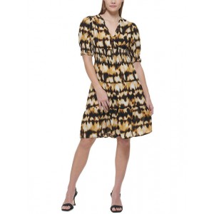 womens smocked puff sleeve fit & flare dress