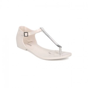 womens honey chrome jelly metallic t-strap flat sandal in white