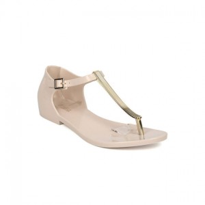 womens honey chrome jelly metallic t-strap flat sandal in beige