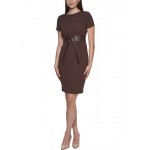 womens faux leather belted sheath dress