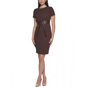 womens faux leather belted sheath dress