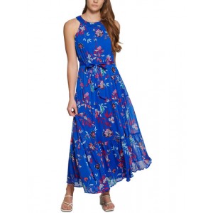 petites womens floral print tea-length halter dress