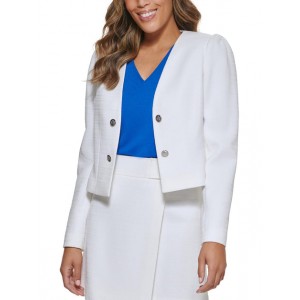 petites womens textured cropped open-front blazer