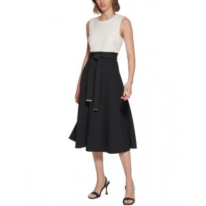 womens belted midi fit & flare dress