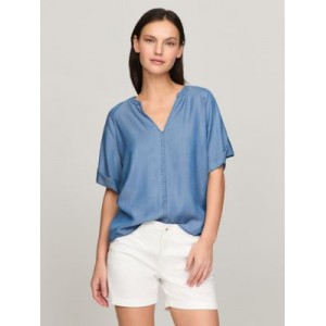 Solid Chambray Roll Tab Short-Sleeve Top