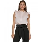 Womens Solid Ruffled-Sleeve Half-Placket Blouse