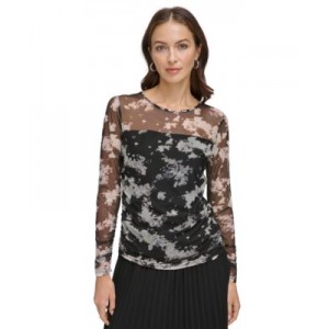 Womens Printed Mesh Ruched Long-Sleeve Top