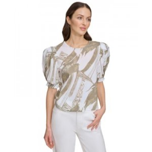 Womens Voile Printed Puff-Shoulder Woven Crewneck Top