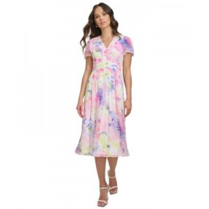Womens Floral Crinkle Chiffon Midi Dress