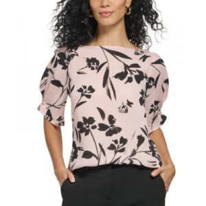 Petite Printed Puff-Sleeve Boat-Neck Blouse