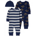 Baby Boys Blue Dino 3-Piece Jumpsuit and Hat Set