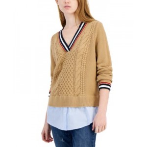 Womens Cable-Knit Layered-Look Sweater