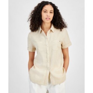 Womens Linen-Blend Short-Sleeve Button-Front Shirt