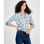 Womens Printed Roll-Tab-Sleeve Button-Front Cotton Shirt