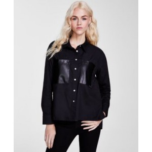 Womens Faux-Leather-Pocket High-Low Shirt