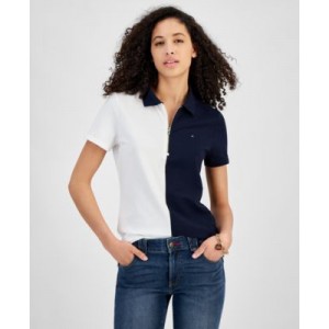 Womens Colorblock Zip-Front Polo Shirt