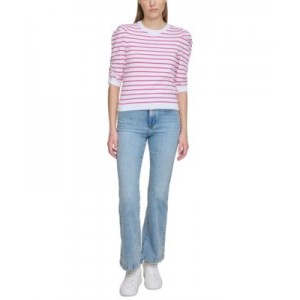 Womens Striped Ruched-Sleeve Crewneck Top