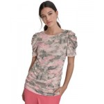 Womens Crewneck Ruched-Sleeve Top