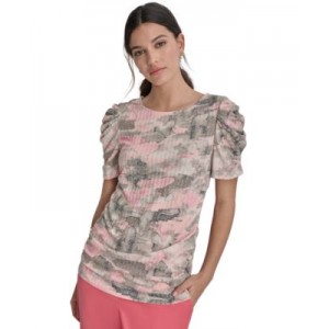 Womens Crewneck Ruched-Sleeve Top