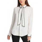Petite Piped-Trim Button-Up Blouse