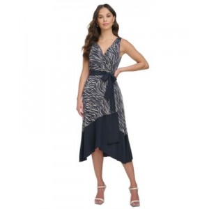 Womens Sleeveless V-Neck Faux-Wrap Midi Dress
