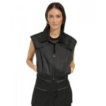 Womens Zip-Front Shine Satin Cargo Sleeveless Jacket