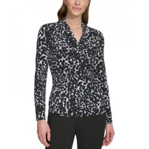 Petite Printed Ruched-Side Long-Sleeve Top