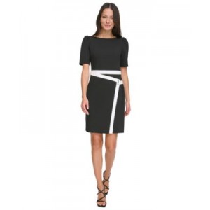 Womens Contrast Puff-Sleeve Boat-Neck Dress