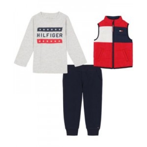 Baby Boys Long Sleeve Signature T-shirt Colorblock Puffer Vest and Fleece Joggers 3 Piece Set