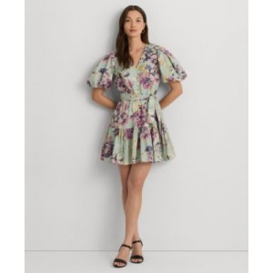 Womens Floral Cotton Voile Puff-Sleeve Dress