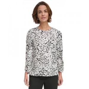 Womens Printed Ruched-Sleeve Crewneck Blouse