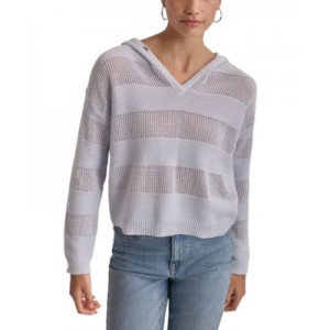 Womens Pointelle Stripe V-Neck Hooded Sweater