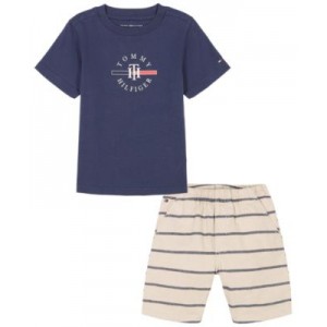 Toddler Boy short sleeve Logo Graphic Tee Striped Oxford Shorts Set
