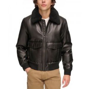 Mens Faux-Fur-Trim Faux-Leather Bomber Jacket