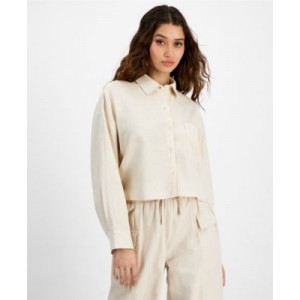 Womens Oversized Cropped Button-Front Shirt
