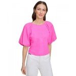 Womens Boat-Neck Short-Puff-Sleeve Top