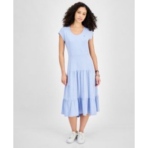 Womens Short-Sleeve Tiered Midi Dress