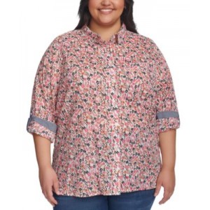 Plus Size Floral Roll-Tab Button-Up Shirt