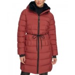 Womens Rope Belted Faux-Fur-Trim Hooded Puffer Coat