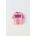 T-SHIRT WITH TEXT AND RUFFLY TRIM
