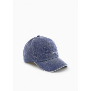 Hat with visor in used effect denim