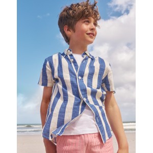 Cotton Linen Shirt - Sapphire Blue / Ivory Stripe