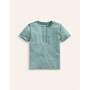 Washed Cotton Henley T-shirt - Green Spruce/ Ivory Stripe
